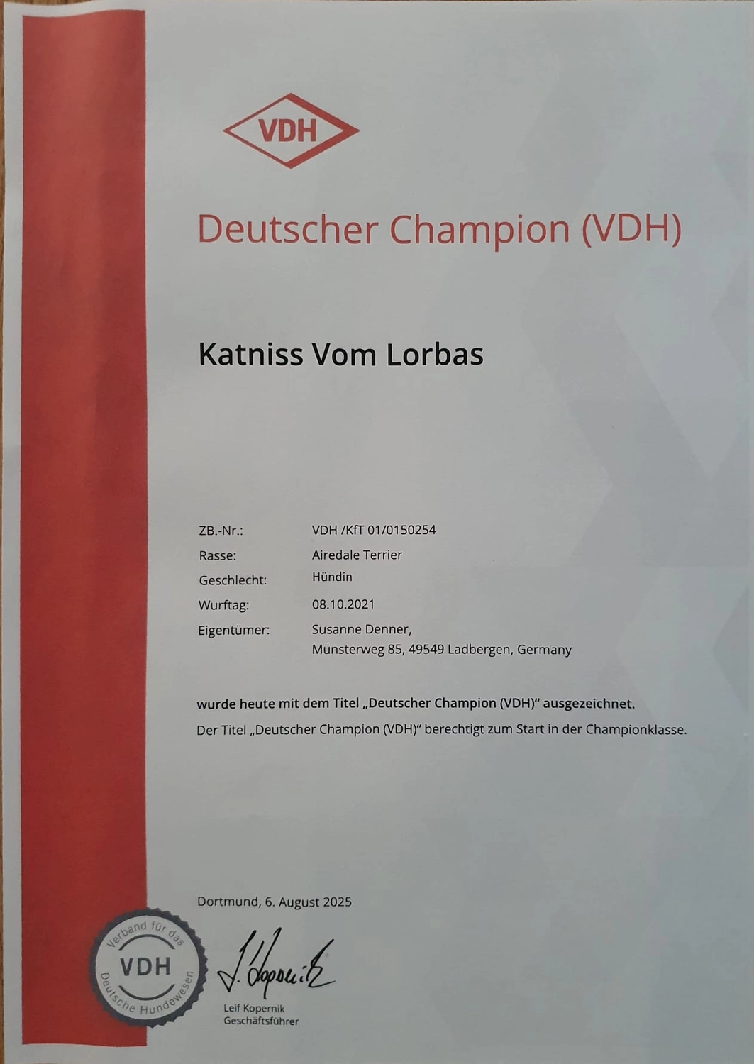 Züchter in VDH - Airedale Terrier vom Lorbas  - zertifikat